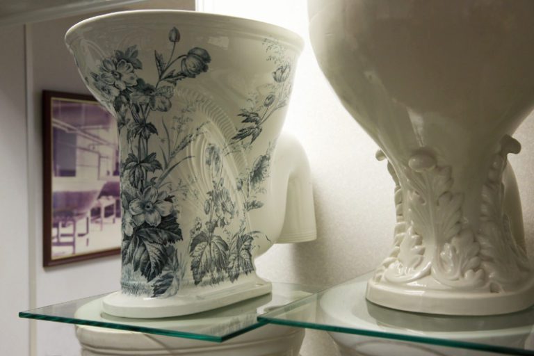 Decorative Victorian toilet pans in the Thomas Crapper Museum